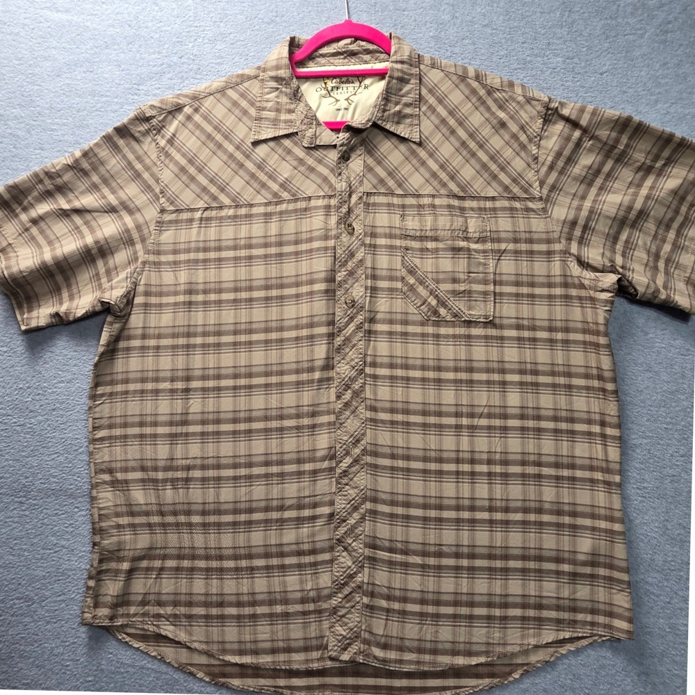 Cabelas Outfitter Series Mens L Brown Plaid Nylon Fishing Shirt Short Sleeve